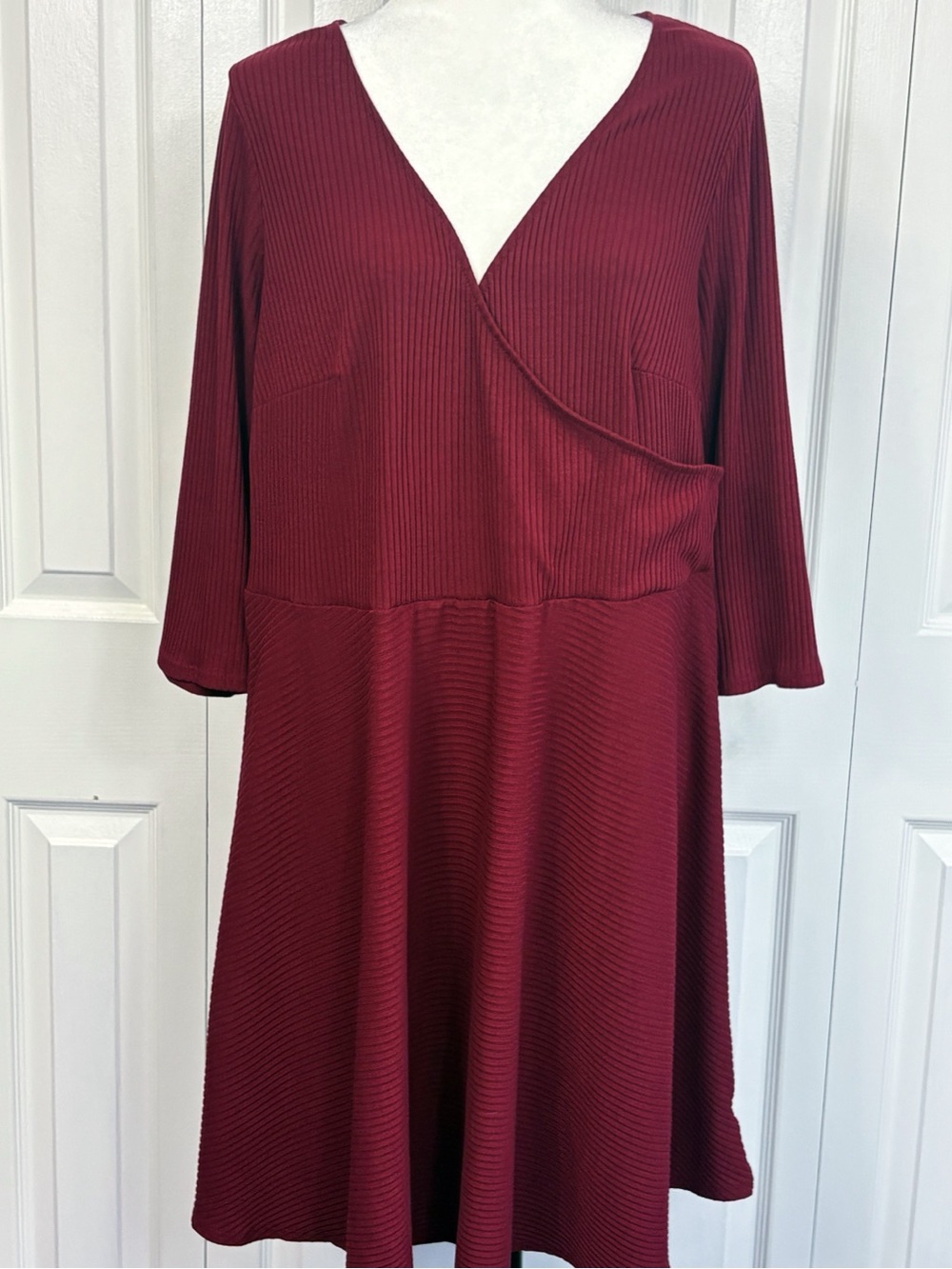 ModCloth Burgundy Red Ribbed Knit 3/4 Sleeve Faux Wrap Fit & Flare Dress 2X